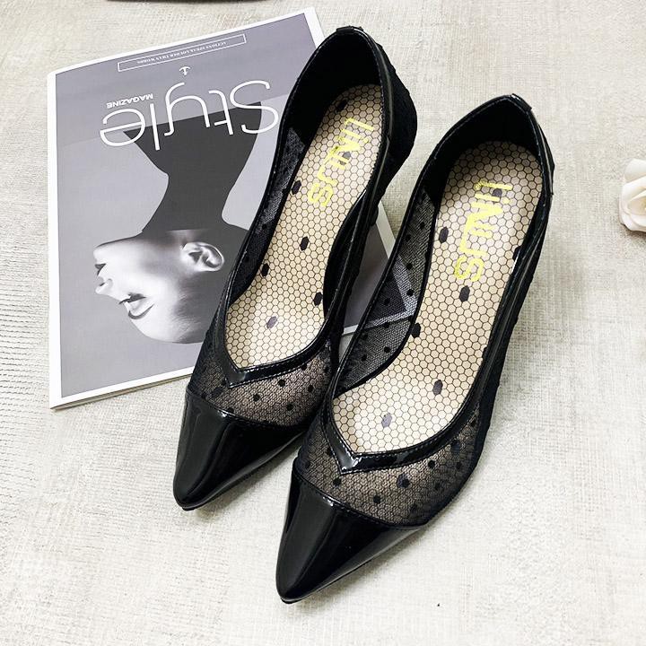 (Bảo hành 12 tháng) Giày cao gót nữ phối lưới chấm bi gót vàng kiểu thời trang cao 5cm có 2 màu Đen - Hồng - Linus LN222