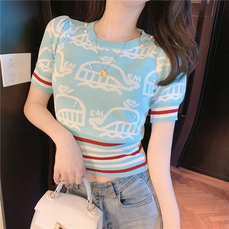 Áo thun ZHELIHANGFEI tay ngắn dệt kim lụa lạnh eo cao đính ngọc trai phong cách Pháp thời trang mùa hè dành cho nữ