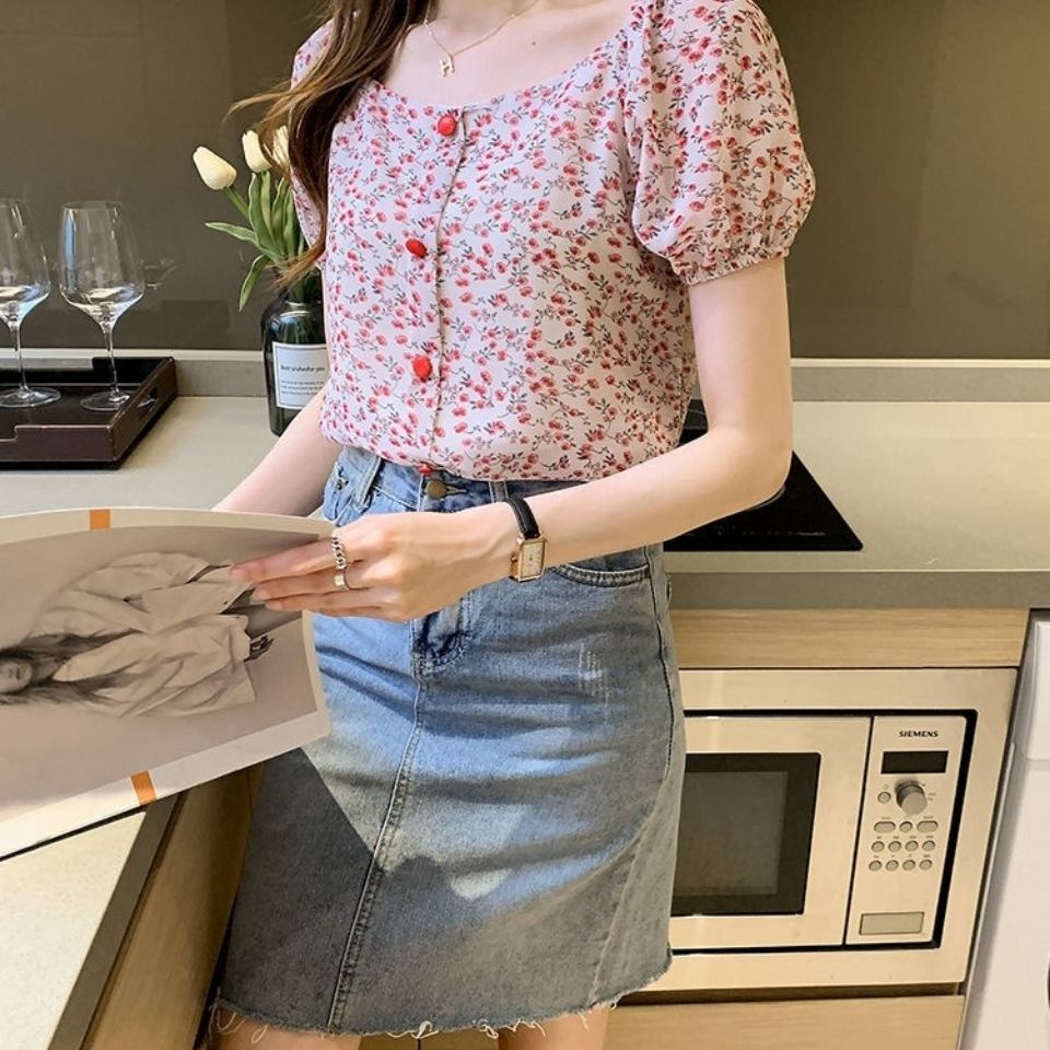 Áo chiffon Ngắn Tay Họa Tiết Hoa Thời Trang Mùa Hè Phong Cách Hàn Quốc Dành Cho Nữ