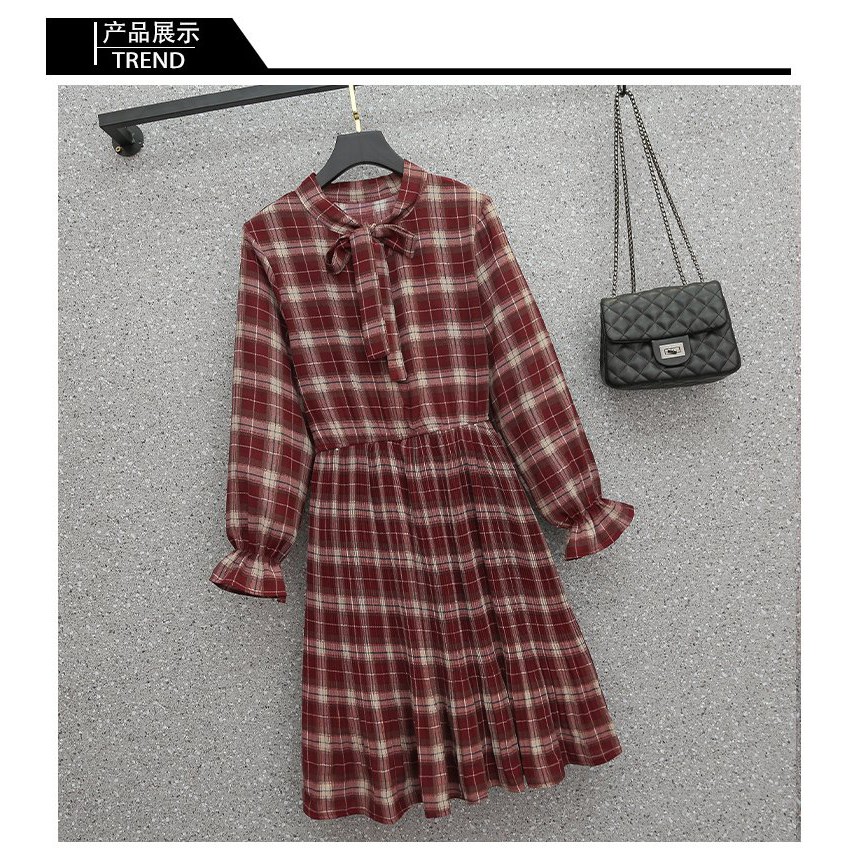 Váy kẻ babydoll cổ nơ dài tay dáng suông thời trang nữ phong cách dịu dàng/ Váy thu đông nữ kiểu dáng vintage hàn quốc