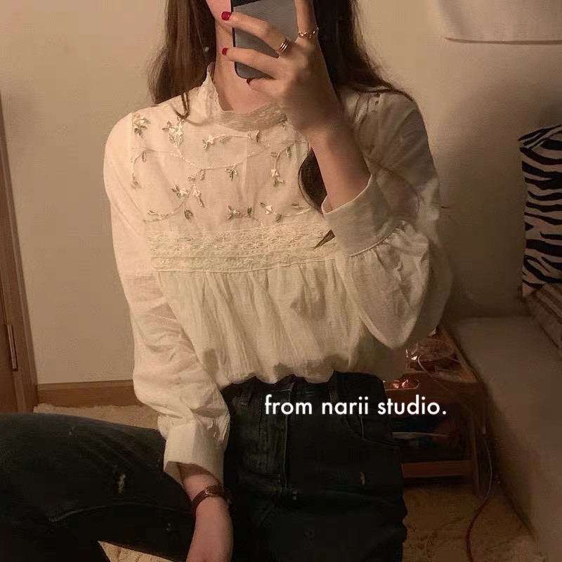 Áo sơ mi nữ tay dài NARII áo babydoll trắng phong cách Ulzzang Hàn Quốc thêu