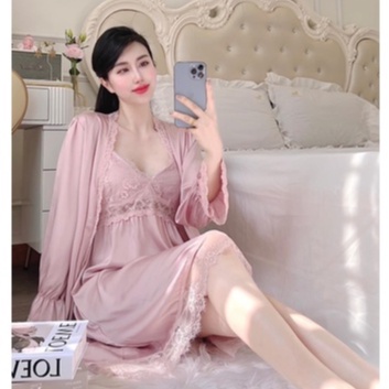 Set choàng ngủ lụa hai dây phối ren - Hàng Quảng Châu cao cấp - SP020