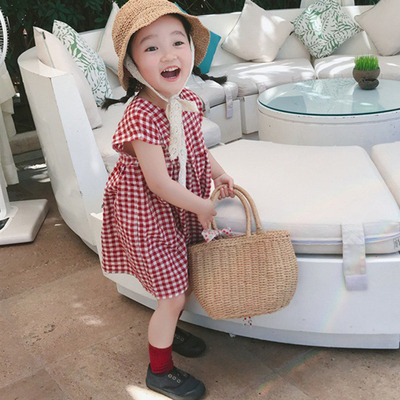 Đầm công chúa tay ngắn thêu họa tiết sọc caro phong cách Hàn Quốc dành cho trẻ em