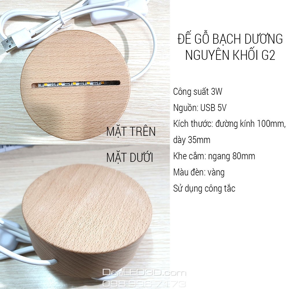 Đế Đèn LED 3D Gỗ Bạch Dương Nguyên Khối Loại Cao Cấp