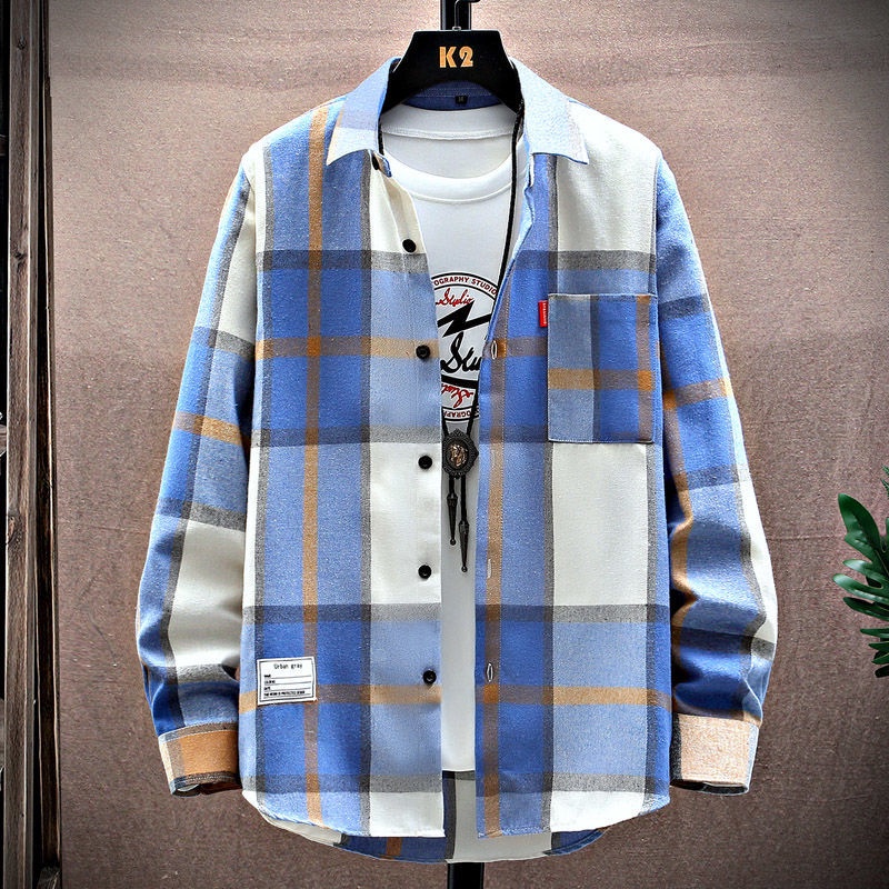 Áo Sơ Mi Dài Tay Dáng Rộng Hoa Văn Kẻ Ô Phong Cách Hàn Quốc Dành Cho Nam