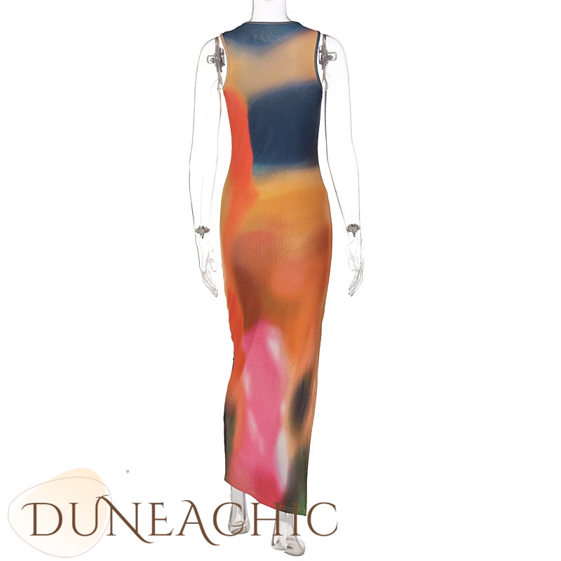 DUNEA Đầm ôm xẻ tà in họa tiết màu nhuộm quyến rũ dành cho nữ