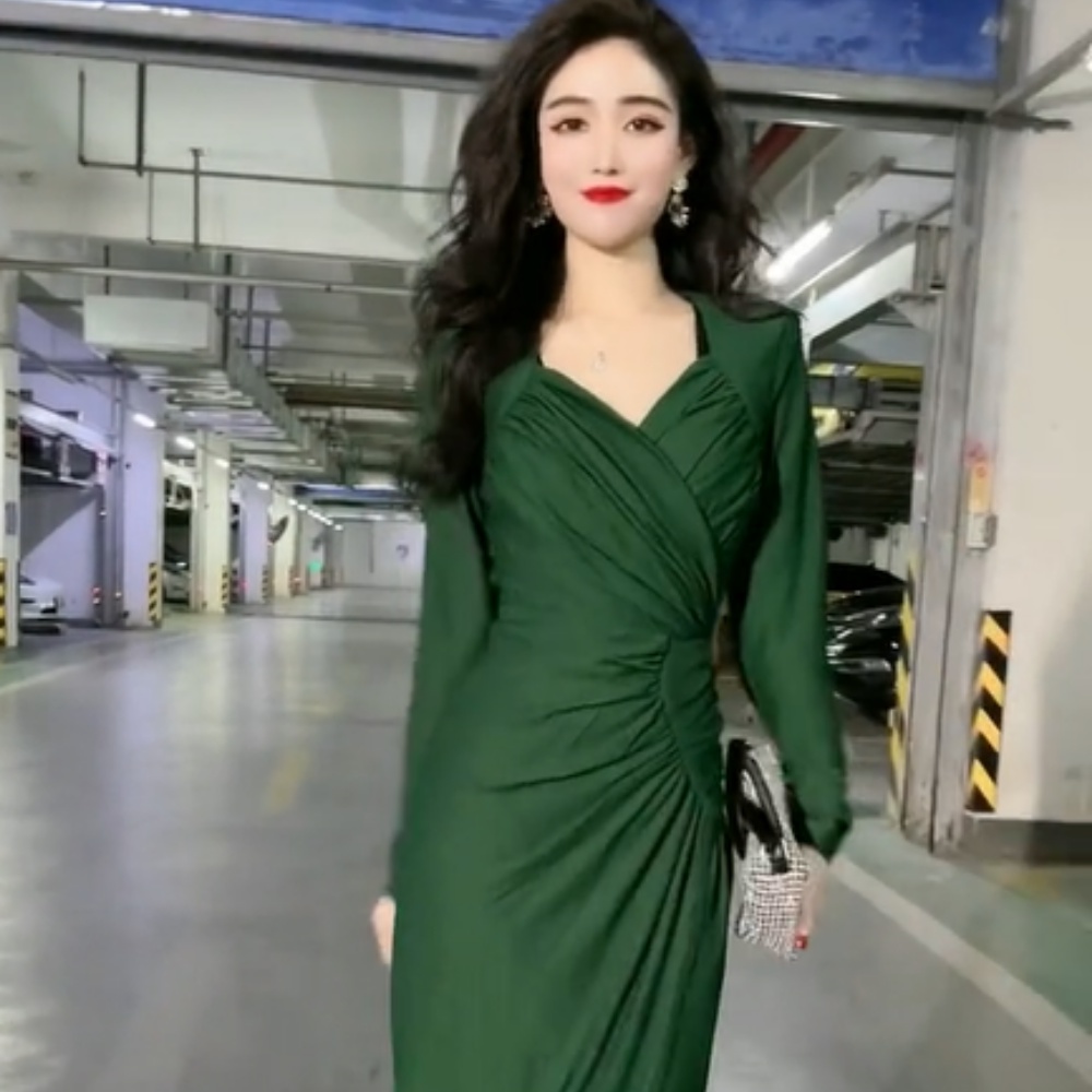 Đầm Xanh Body Kann Model Chiết Éo Tay Dài Xẻ Trước Sang Trẻ Chất Liệu Co Dãn Nhẹ Dễ Dàng Diện Xinh HV70