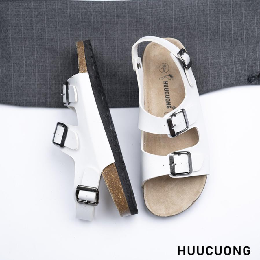 Giày Sandal nữ Huucuong 2 khóa trắng Unisex đế trấu