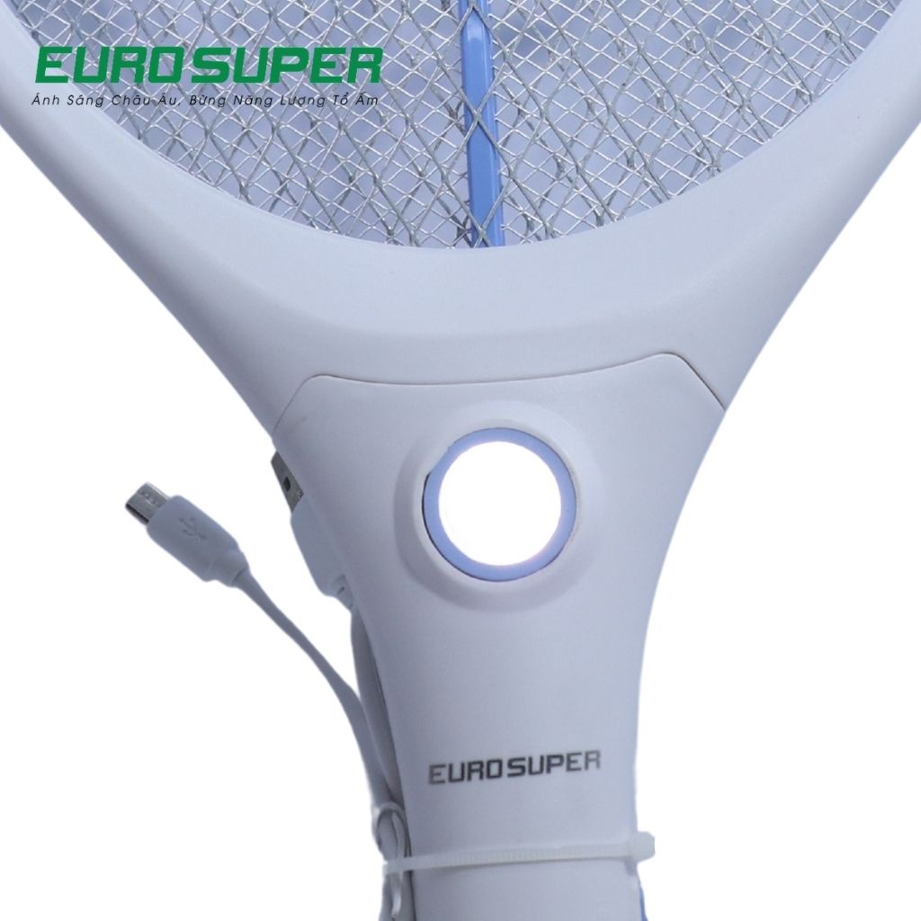 Vợt Bắt Muỗi EUROSUPER Tích Hợp Đèn LED Báo Tiện Lợi, Tay Cầm Nhựa Trắng Chắc Chắn ES W8