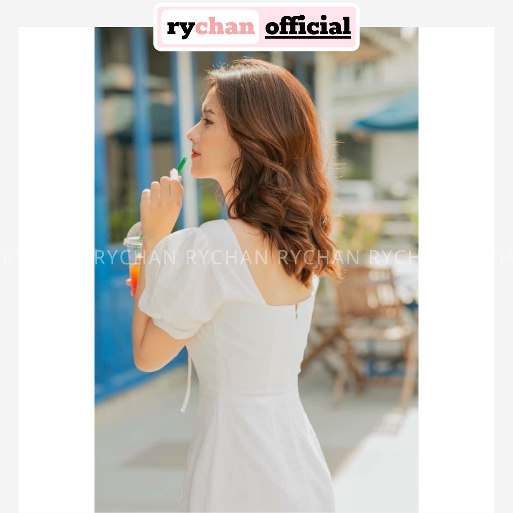 Đầm Xòe Trắng Viền Bèo Thắt Nơ Ngực Lót Trong Dày Dặn  - DX0061