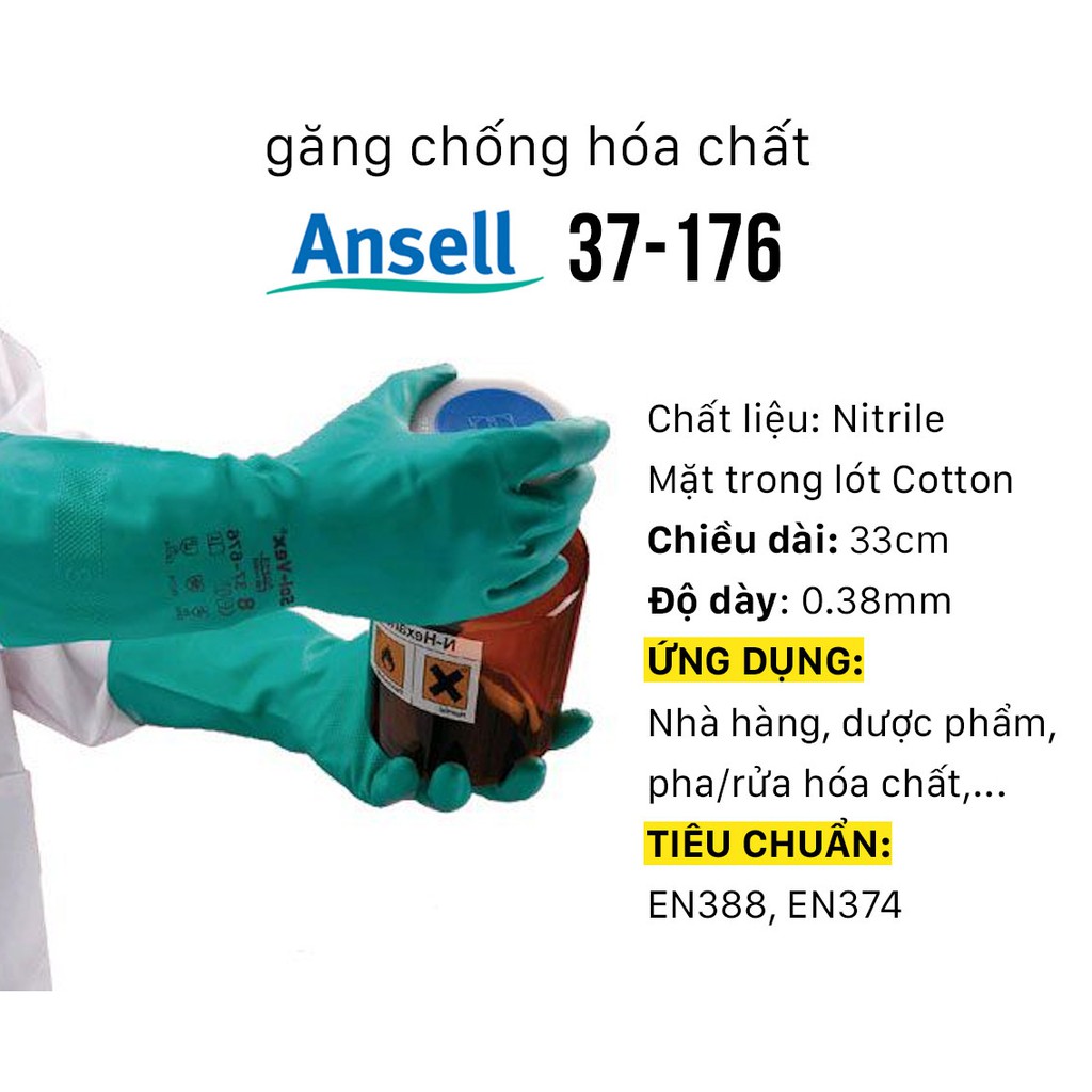 Găng tay chống hóa chất Ansell 37-176, cấu tạo nitrile, bao tay chống dầu nhớt, chống nước, thoáng khí, công nghiệp