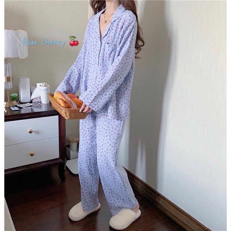 RẺ NHẤT SHOPEE SET BỘ PIJAMA DÀI TAY XÔ MUSLIN HOA NHÍ 3 MÀU