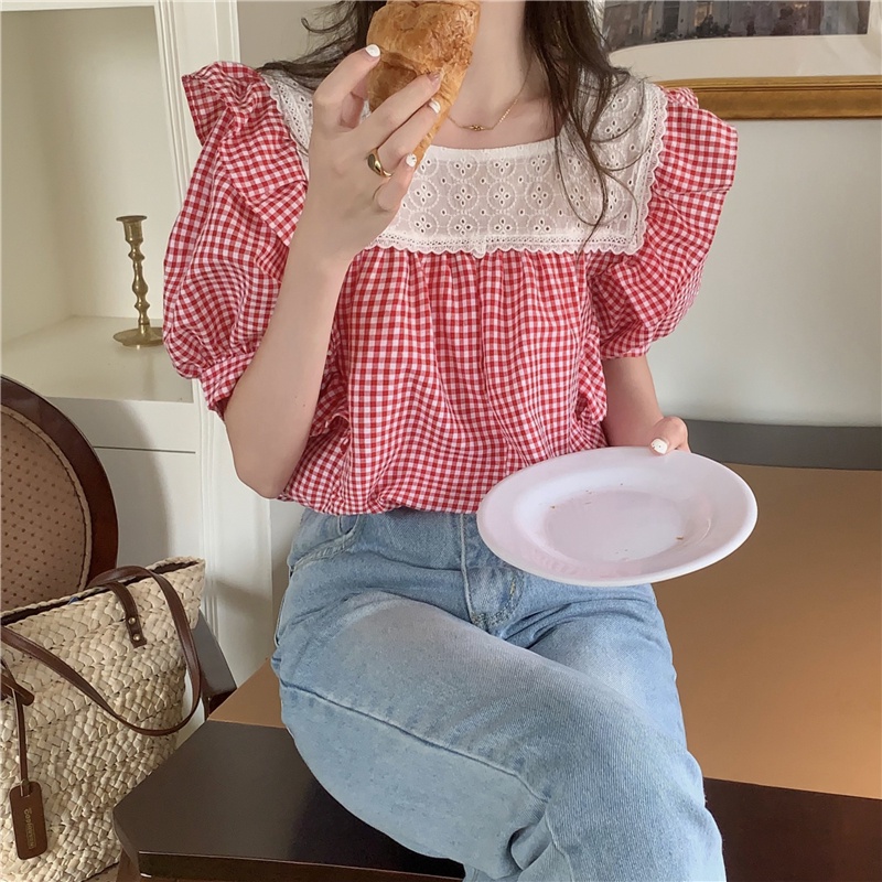 Áo Sơ Mi Tay Ngắn Cổ Vuông Họa Tiết Sọc Caro Phong Cách Retro Cho Nữ