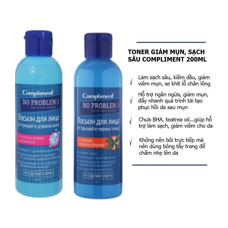 Toner Compliment No Problem 200ml Làm Sạch Sâu, Kiềm Dầu, Giảm Viêm, Giảm Mụn