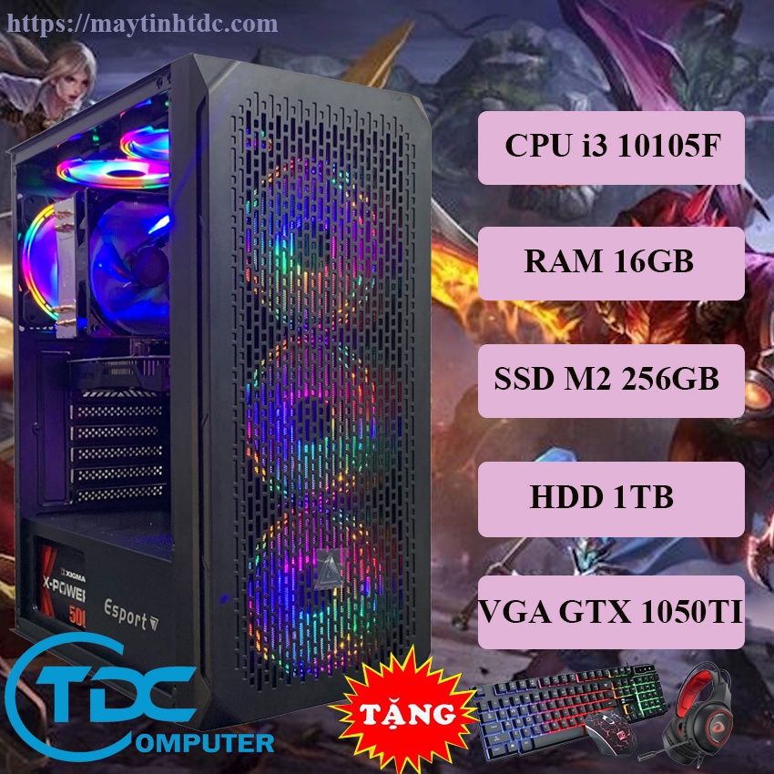 Máy tính chơi game thiết kế đồ họa MAX PC CPU core i3 10105F, Ram 16GB,SSD M2 256GB, HDD 1TB Card 1050TI + Qùa tặng