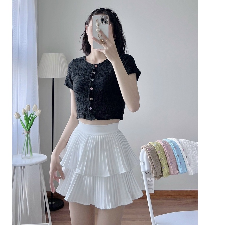 Áo kiểu tay ngắn cổ tròn phối nút nhiều màu chất đũi xốp co dãn form croptop ôm dáng - AO0158