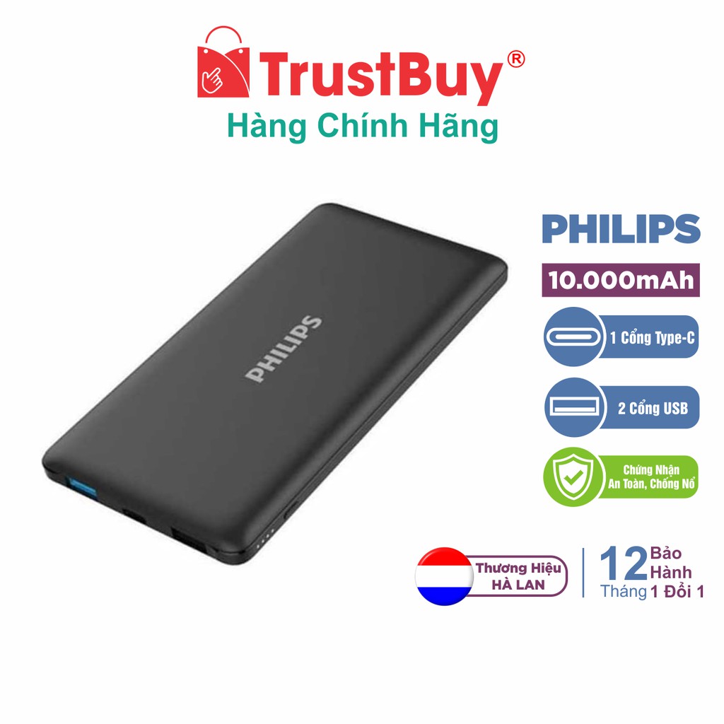 Pin Sạc Dự Phòng 10.000mAh PHILIPS PORTABLE 2 Cổng USB, Type-C 12W - DLP6712NB/11 - Black - Hàng Chính Hãng
