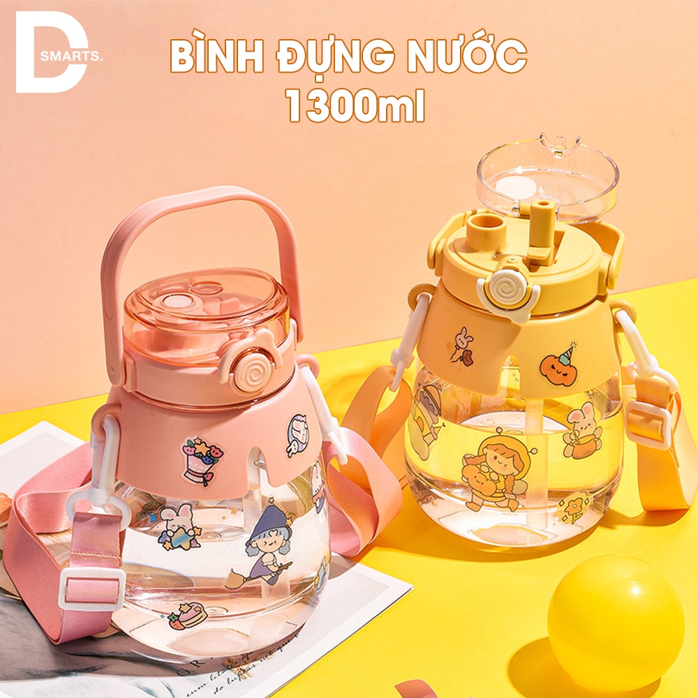 Bình nước 1,3L Bình đựng nước cute chịu nhiệt tốt, 2 đầu hút thẳng và ống hút, quai đeo chéo tiện lợi