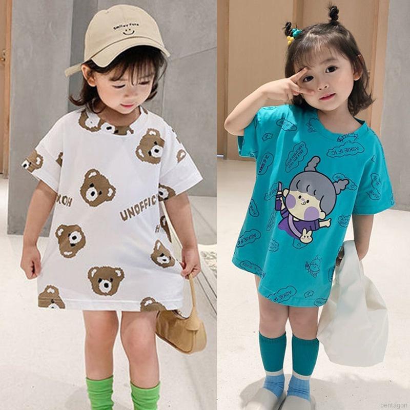 Đầm Thun Tay Ngắn In Hình Gấu Hoạt Hình Phong Cách Hàn Quốc Thời Trang Mùa Hè Cho Bé Gái