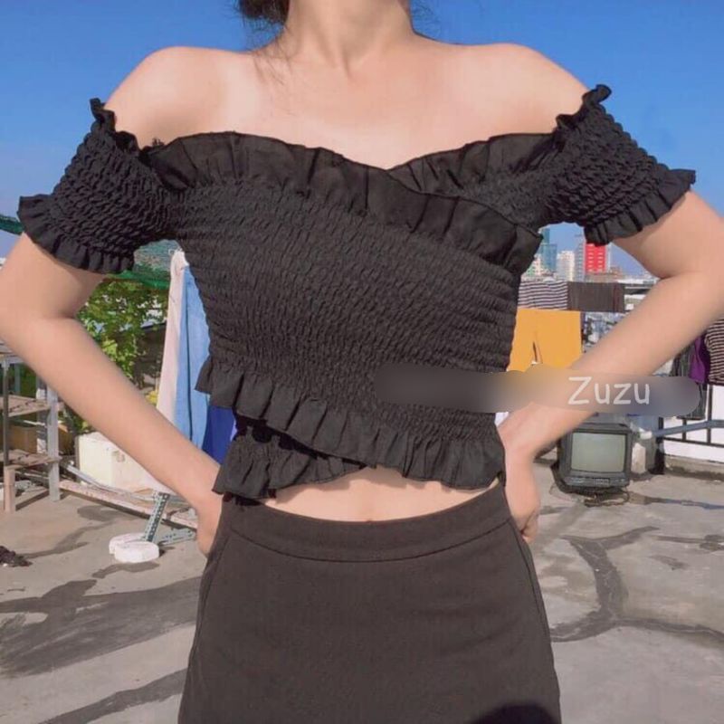 🎀Áo Nhún Thun Đắp Chéo Trễ Vai Fom Croptop Dễ Thương Nữ Tính