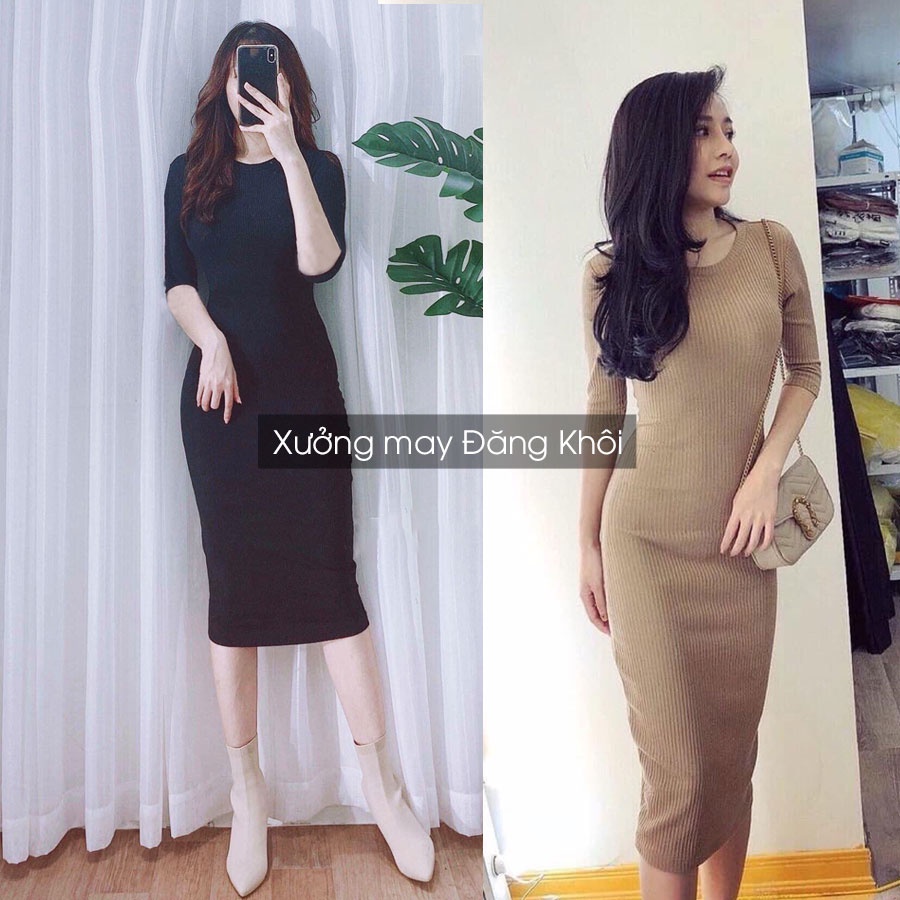Váy body dáng dài qua gối, đầm body dáng ôm tay lỡ cổ tròn Basic chất thun gân V065