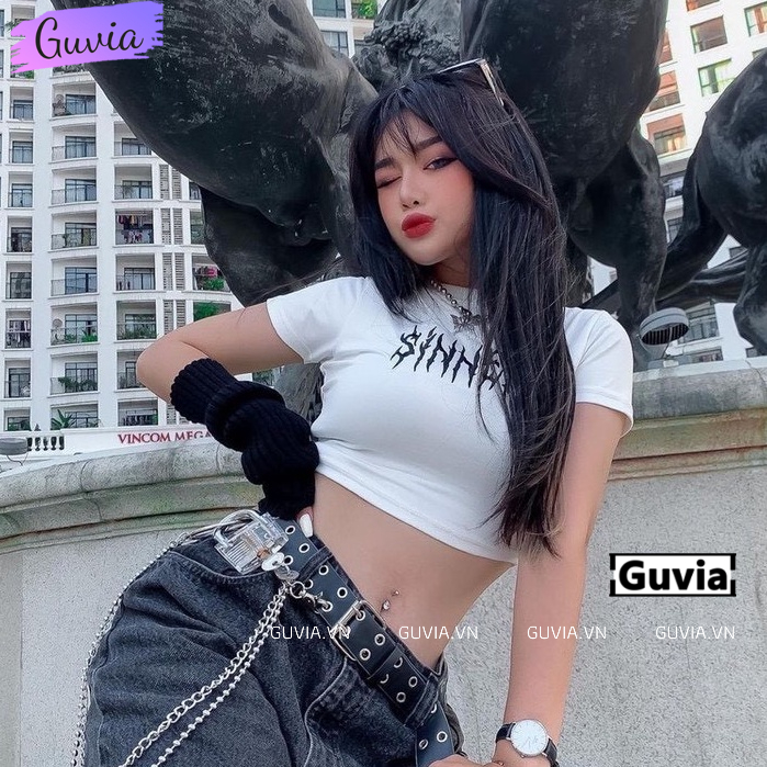 Áo Croptop Ôm Body Nữ SINNER Cổ Tròn Tay Ngắn, Áo Thun Croptop Kiểu Sexy In Họa Tiết GUVIA CR67