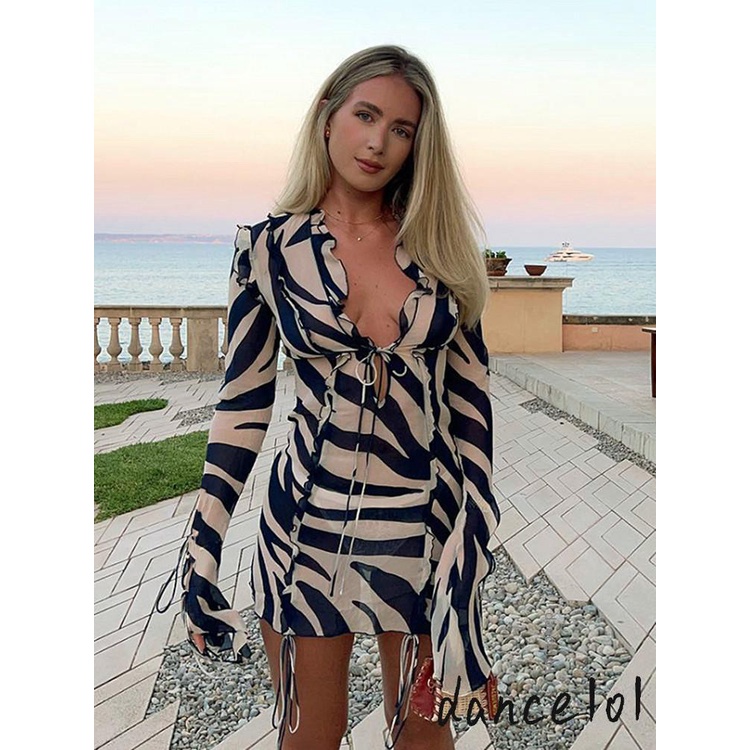 Đầm Tay Dài Cổ Chữ V Hoạ Tiết Ngựa Vằn Thiết Kế Cột Dây Quyến Rũ 1O1