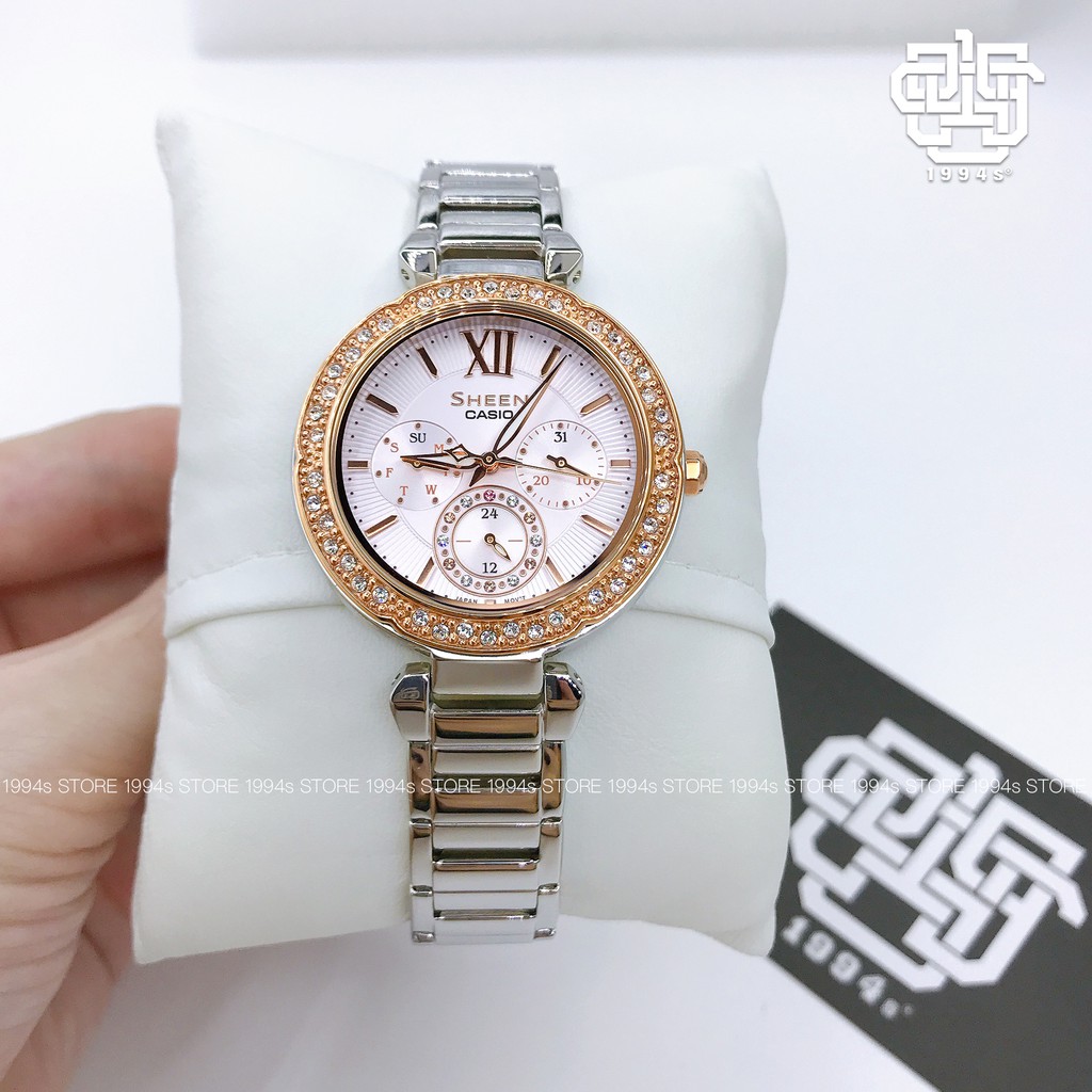 Đồng hồ nữ Casio SHE-3061 / SHE-3061SG-4A đính đá pha lê Swarovski, chống nước 50m, size 36mm, hàng chính hãng