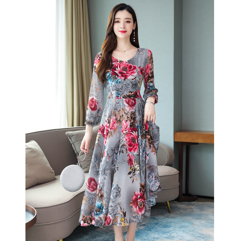 Đầm Maxi Tay Dài Hoạ Tiết Hoa Thiết Kế Cổ Chữ V Thanh Lịch Size M~3Xl | BigBuy360 - bigbuy360.vn