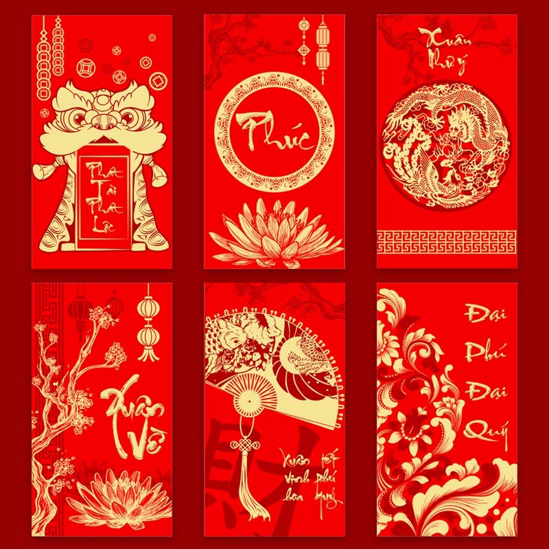 Lì xì đỏ 2022 set 6 chiếc/bao in 3D chữ vàng nổi sang trọng 2 kích thước