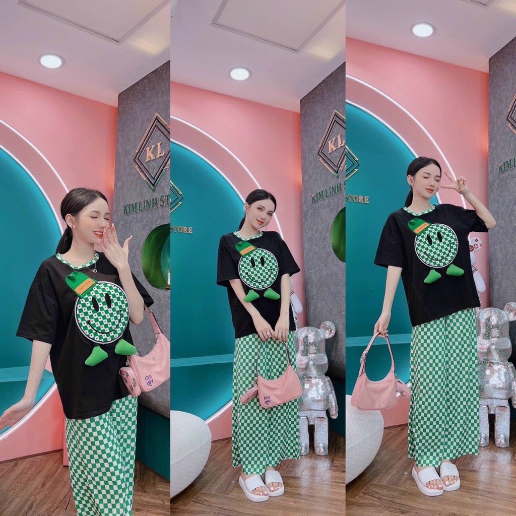 Set áo phông mặc cười quần suông ống rộng caro xanh, set bộ đi chơi áo thun from rộng quần kẻ ô vuông dễ thương