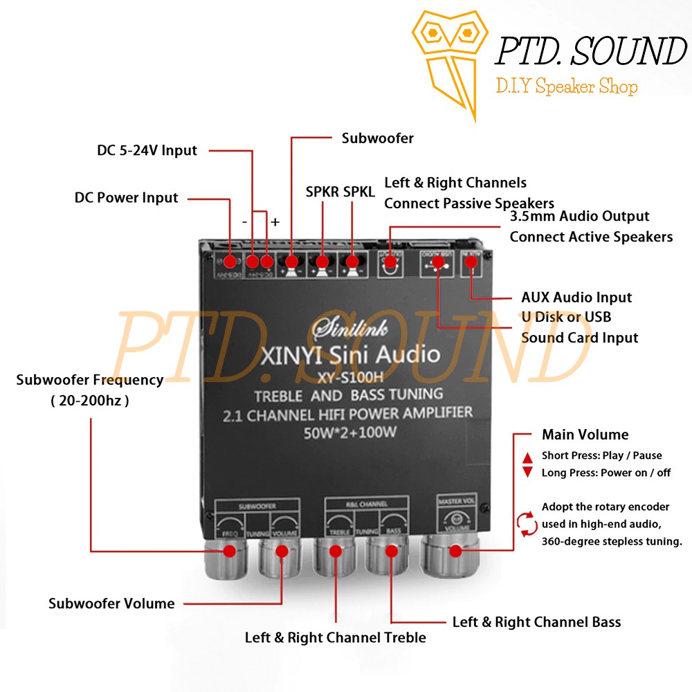 XY-S100H Mạch 2.1 khuếch đại âm thanh Sinilink 50w*2 + 100W Bluetooth 5.0 Chỉnh âm sắc từ PTD Sound mã Sinilink XY S100H