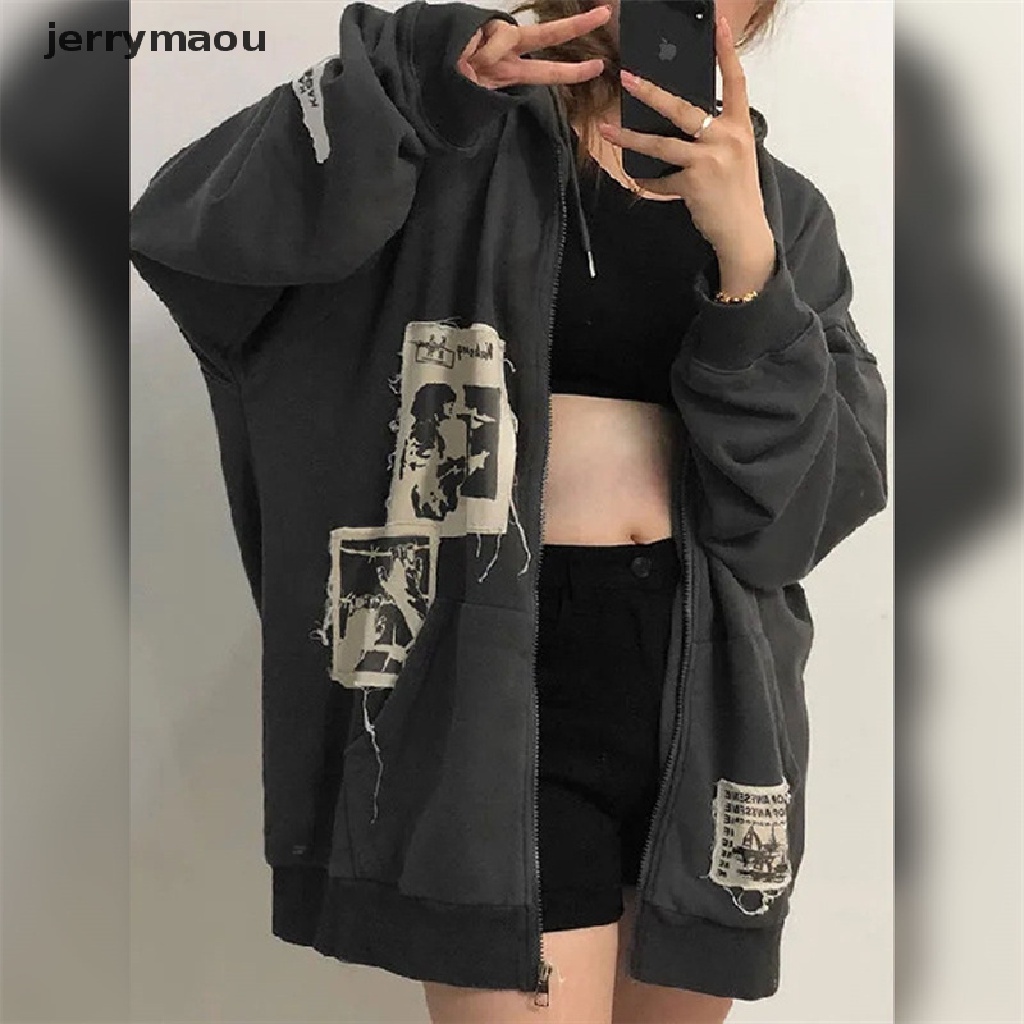 [JER] Zip up Hoodie Sweatshirt Oversized Hoodies Jacket Retro Coat Goth Harajuku Y2k Aesthetic HBC