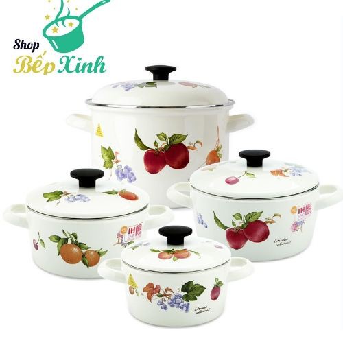 [Mã HLSALE0712 hoàn 10% xu đơn 300K] Bộ 4 nồi tráng men Nhật Bản cao cấp Fujihoro (trái cây) - sử dụng bếp từ