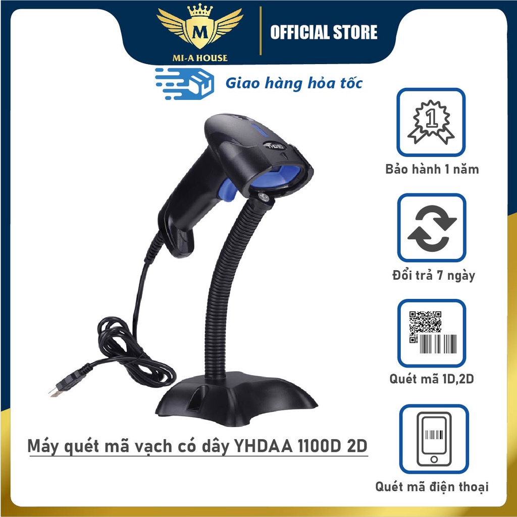 Máy quét mã vạch có dây YHD - 1100D 1D dùng dây cắm cổng USB Máy tính, Laptop