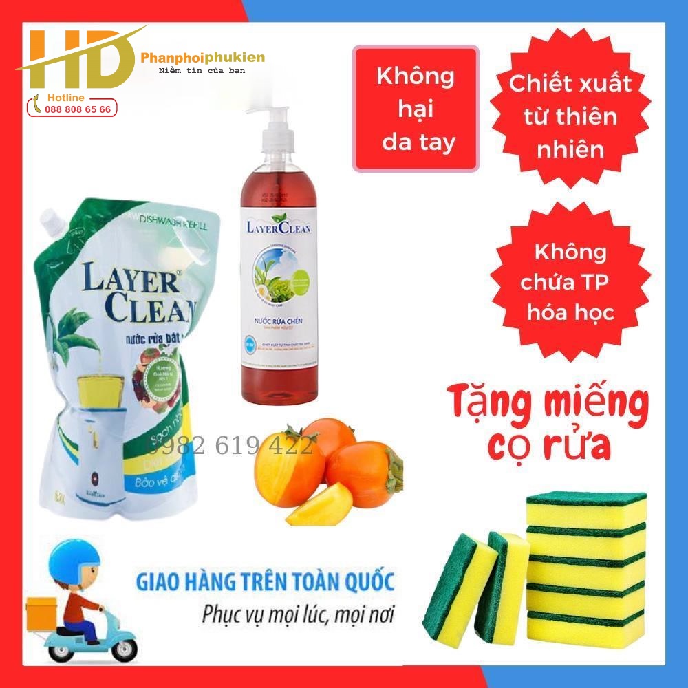 Nước rửa bát thành phần hữu cơ Layer Clean loại 2l hương quả Hồng - Tặng miếng mút cọ rửa cao cấp