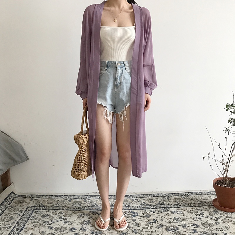 SUXI Áo Khoác Cardigan Chiffon Dáng Dài Chống Nắng Thời Trang Hàn Quốc Cho Nữ