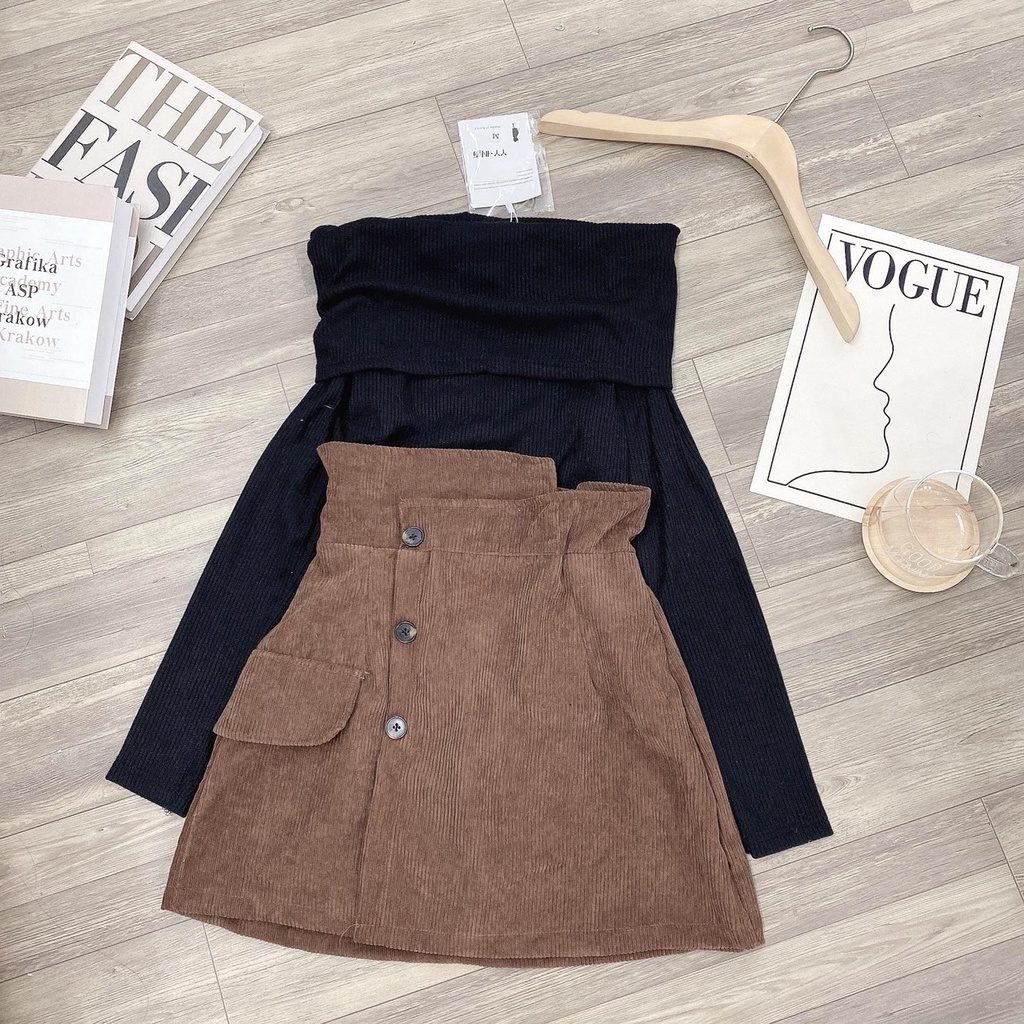 Chân Váy Nhung Khuy PEONYB Nữ  🌸 Đầm mini cạp lệch, skirt dáng ngắn body thiết kế túi hông cá tính Ulzzang 🌸