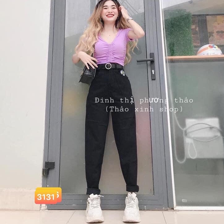 Quần jean nữ dáng baggy có thêu hoa cúc hottrend trên túi - Quần jean baggy cạp cao - CM Shop