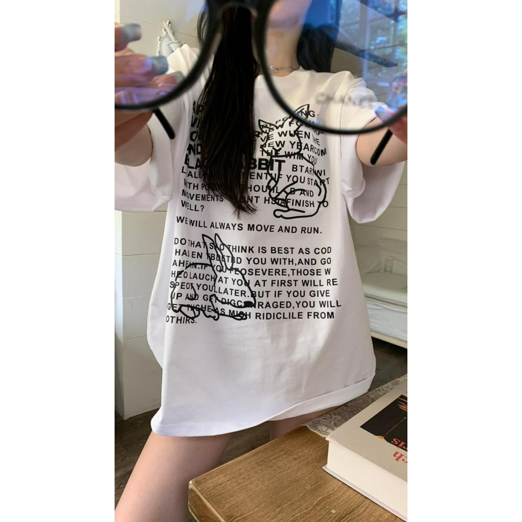 「 WELOVE1 」Áo Thun 100% Cotton Tay Ngắn Cổ Tròn Dáng Rộng In Hình Thỏ Và Chữ Phong Cách Hàn Quốc Dành Cho Nữ