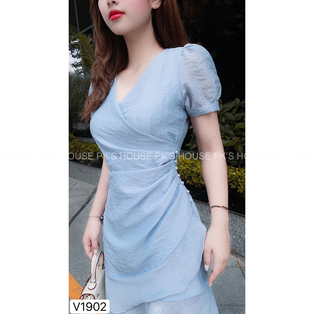 Đầm Thiết Kế Dáng Suông Xanh Đính Ngọc Eo V1902, Váy Suông Chất Xước Hàn Cao Cấp - PK Official