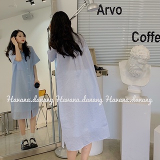 Đầm sơ mi sọc dọc, chất mỏng, chất sơ mi xốp