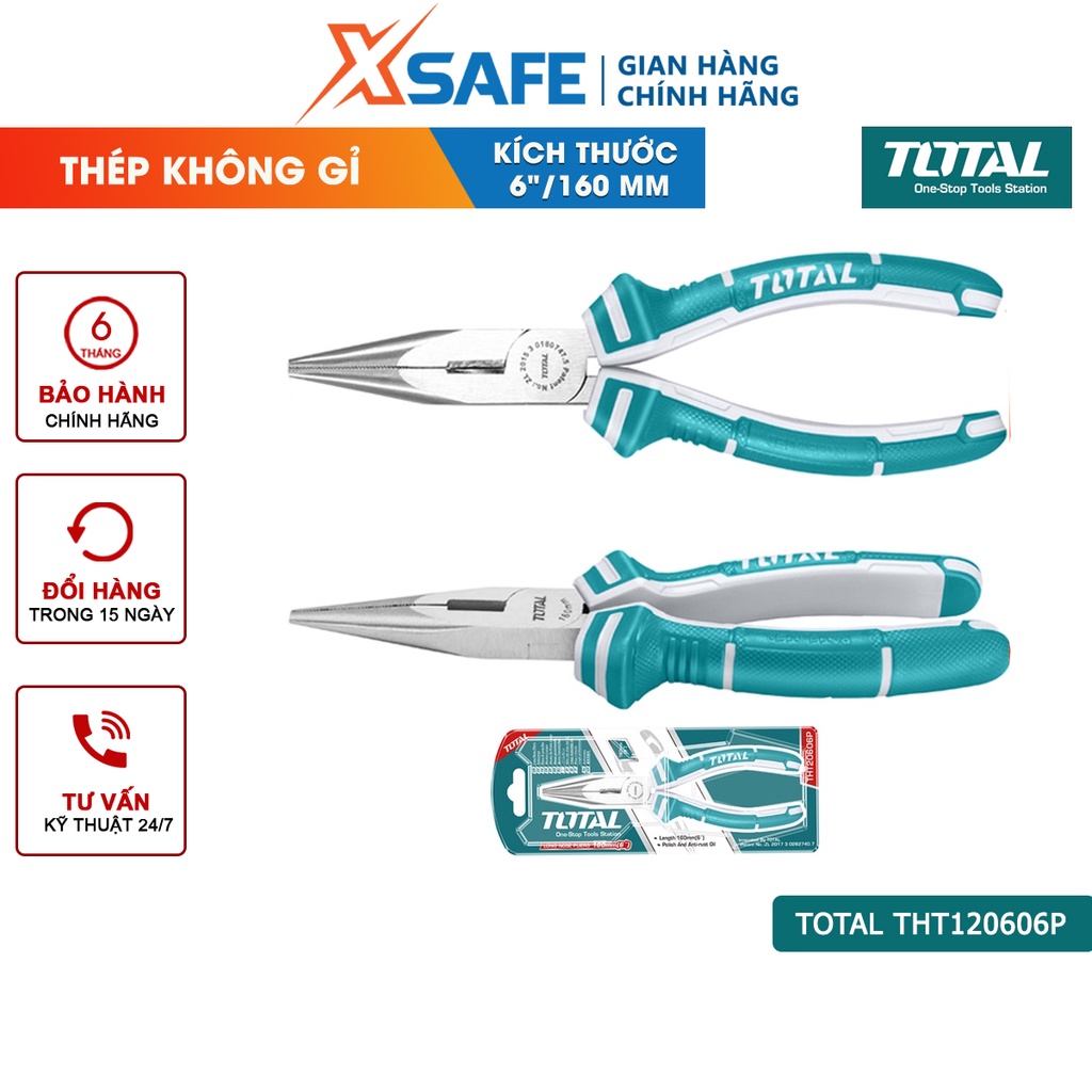 Kìm cắt mỏ nhọn dài TOTAL THT120606P 6inch kềm mỏ dài thép Cr-V siêu cứng chống rỉ sét tay cầm cao su chống trơn trượt