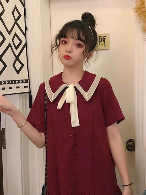 Bigsize M-4XL Đầm cổ viền ren phối nơ, chân xếp li siêu xinh 2019 ullzang