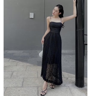 Váy ren đen 2 dây phối tùng dập ly hoa văn chìm 060722