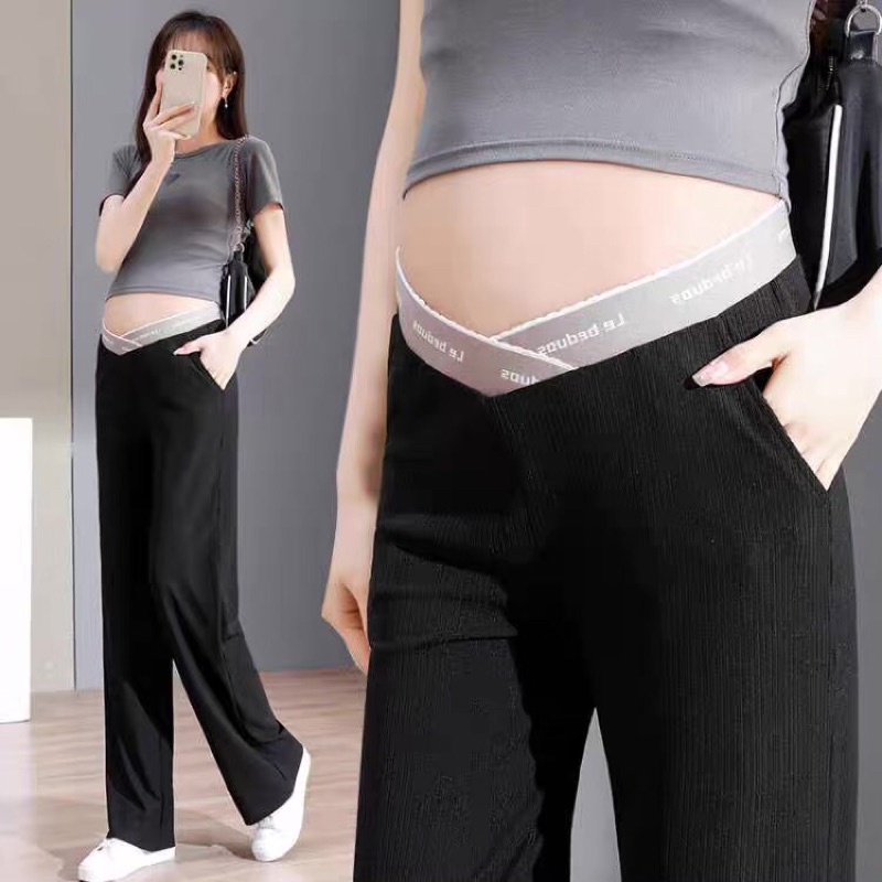 Sẵn hàng: Quần ống rộng suông mát cạp thấp cho bà bầu