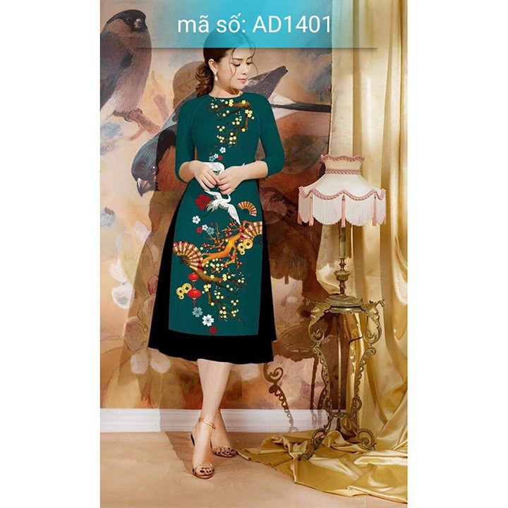 AD1401 Có size 4XL Áo Dài Cách Tân cổ tròn in họa tiết chim hạt và hoa mai mùa xuân kèm váy