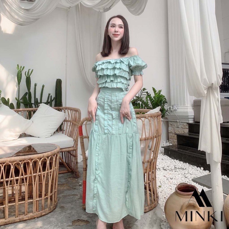 SET ÁO BÈO NHÚN TRỄ VAI + CHÂN VÁY DÀI - CHẤT LANH LỤA NHẬP KHẨU - MÀU XANH/ TRẮNG [SIÊU PHẨM] | BigBuy360 - bigbuy360.vn