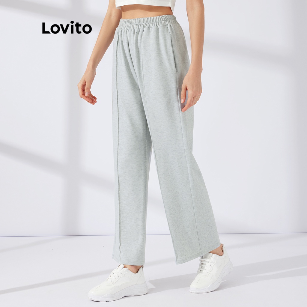 Quần thể thao Lovito ống thẳng phối xếp nếp màu trơn phong cách ngày thường L23AD150 (màu xám)