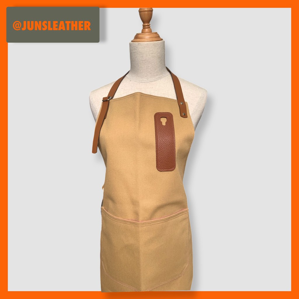 Tạp dề pha chế vải canvas dây da của Junsleather phối da bò cao cấp dành cho Barista/Bartender quán cà phê